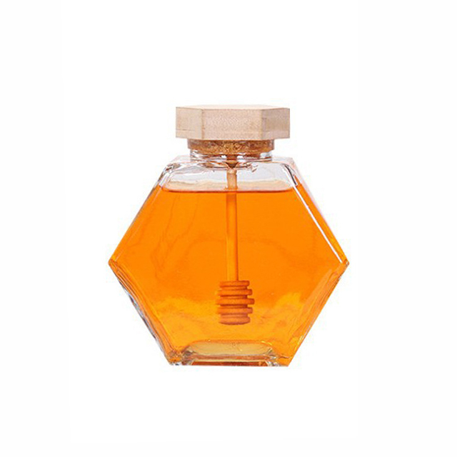 Custom Hexagonal Honeycomb Sealed Bee Storage Jar With Wooden Lid Transparent Glass Jar