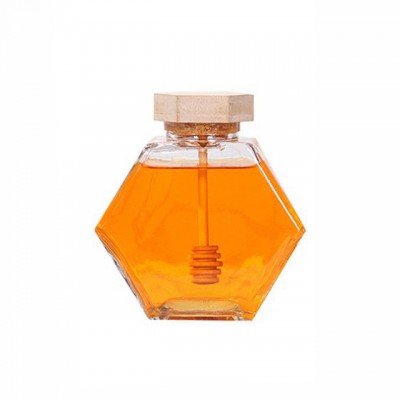 Custom Hexagonal Honeycomb Sealed Bee Storage Jar With Wooden Lid Transparent Glass Jar